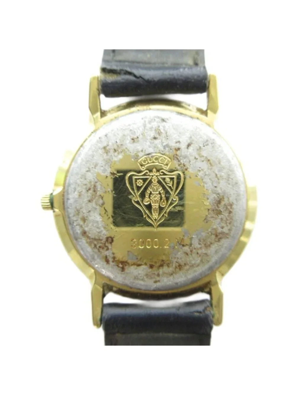 Gucci 3000.2 M Watch Quartz Leather Strap Black Dial Gold